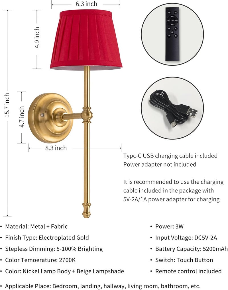 KDG Cordless Wall Sconces Set of 2, Small Wireless 5200mAh Rechargeable Battery Fabric LED Wall Lamps, Portables Lightings for Wall Painting, Living Room, Bedroom, Hallway, Gifts, Night Light (Red) - Image 4